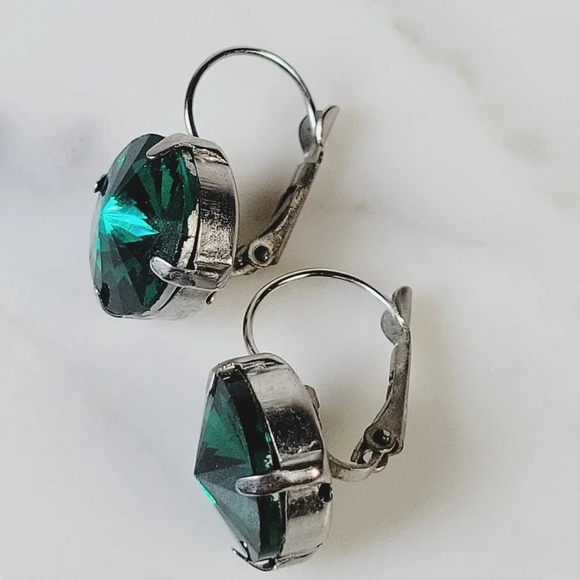 Green Crystal Necklace Earrings Set Silvertone Rolo Chain Adjustable Riv… - Picture 11 of 12